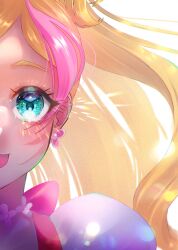 Rule 34 | 1girl, :d, absurdres, blonde hair, cure flora, earrings, eyelashes, floating hair, flower, go! princess precure, green eyes, haruno haruka, head out of frame, highres, jewelry, long hair, looking at viewer, minccino7, multicolored hair, open mouth, pink hair, portrait, precure, smile, solo, two-tone hair, white flower
