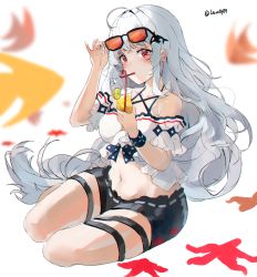 Rule 34 | 1girl, absurdres, adjusting eyewear, ahoge, arknights, bad id, bad pixiv id, bare shoulders, black shorts, blush, commentary, cup, drinking glass, drinking straw, eyewear on head, food, fruit, hand up, highres, holding, holding cup, lemon, lemon slice, long hair, looking at viewer, midriff, mogu70417776, navel, no headwear, off-shoulder shirt, off shoulder, official alternate costume, red eyes, shirt, short shorts, short sleeves, shorts, silver hair, simple background, sitting, skadi (arknights), skadi (waverider) (arknights), solo, stomach, sunglasses, thigh strap, thighs, very long hair, white background, white shirt, yokozuwari