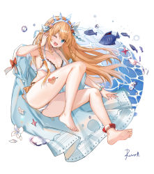 Rule 34 | 1girl, ;d, armpits, ass, bare shoulders, barefoot, bikini, blue eyes, breasts, caustics, cleavage, fish, halterneck, highres, large breasts, long hair, looking at viewer, off shoulder, one eye closed, open clothes, open mouth, orange hair, pecorine (princess connect!), princess connect!, princess connect!, rero (bigdoorbig2), smile, solo, swimsuit, thighs, tiara, water, white bikini, wide sleeves