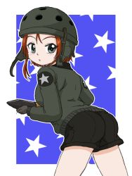 Rule 34 | 1girl, ass, black gloves, black shorts, blue background, blue eyes, brown hair, brown jacket, commentary, emblem, from behind, girls und panzer, gloves, green headwear, helmet, helmet-chan (girls und panzer), holding, jacket, long sleeves, looking at viewer, looking back, military, military uniform, outline, outside border, parted lips, saunders military uniform, short hair, short shorts, shorts, solo, standing, star (symbol), starry background, takahashi kurage, tank helmet, tank shell, uniform, white outline