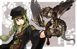 Rule 34 | androgynous, animal, animal on hand, bad id, bad tumblr id, braid, brown eyes, commentary request, dragon, gender request, gettewi, gloves, green eyes, hat, light smile, long hair, mini dragon, obi, original, sash, scarf, solo, talons, twin braids, wide sleeves