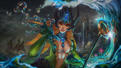 Rule 34 | 1girl, absurdres, breasts, cloud, cloudy sky, colored skin, crown, gem, green skin, hand up, highres, holding, holding staff, horns, large breasts, lauraklein, league of legends, looking at viewer, mermaid, monster girl, nami (league of legends), navel, night, ocean, outdoors, red eyes, red lips, ship, sky, smile, solo, staff, teeth, water, watercraft, waves
