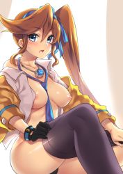 Rule 34 | 1girl, ace attorney, athena cykes, between breasts, blue eyes, blush, breasts, brown hair, capcom, clothes pull, fuya (tempupupu), hair ribbon, long hair, looking at viewer, medium breasts, necktie, necktie between breasts, nipples, open clothes, pantyhose, pantyhose pull, phoenix wright: ace attorney - dual destinies, puffy nipples, ribbon, side ponytail, sitting, solo, sweat, undressing