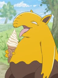 Rule 34 | absurdres, black eyes, cloud, commentary request, creatures (company), day, drowzee, eating, food, game freak, gen 1 pokemon, grass, highres, holding, ice cream, ice cream cone, looking down, nintendo, no humans, open mouth, outdoors, pokemon, pokemon (creature), polyushitako, sky, solo, standing, tongue, tongue out, tree