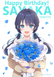 Rule 34 | 1girl, :d, black hair, blue bow, blue eyes, blue flower, blue rose, bouquet, bow, brown cardigan, cardigan, character name, commentary request, dated, flower, hair between eyes, hair bow, happy birthday, highres, hugging object, link! like! love live!, long hair, long sleeves, looking at viewer, love live!, low twintails, murano sayaka, open cardigan, open clothes, open mouth, petals, puffy long sleeves, puffy sleeves, rose, sakurai makoto (custom size), simple background, smile, solo, teeth, twintails, upper body, upper teeth only, white background