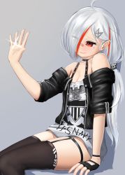 Rule 34 | 1girl, absurdres, ahoge, azur lane, bandaid, bandaid on face, bandaid on nose, clothes writing, commentary request, downes (azur lane), dress, earrings, emblem, fingerless gloves, garter straps, gloves, hair and beard, hair ornament, hair over one eye, hairclip, heterochromia, highres, jacket, jewelry, long hair, looking at hand, low ponytail, mole, mole under eye, multicolored hair, red eyes, ring, short dress, silver hair, single glove, sitting, smile, solo, streaked hair, thighhighs, wedding band, white background, yellow eyes
