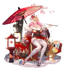 Rule 34 | 1girl, absurdres, artist request, bare shoulders, breasts, cat, cherry blossoms, cleavage, floral print, flower, full body, glasses, gradient hair, hair flower, hair ornament, hair over one eye, hair stick, highres, huge breasts, japanese clothes, kimono, kingsense, lantern, light brown hair, light smile, long hair, multicolored hair, obi, official art, oil-paper umbrella, paper lantern, petals, pink hair, sash, short kimono, sitting, smoking pipe, solo, tachi-e, thighhighs, transparent background, umbrella, white thighhighs, wide sleeves, yokozuwari