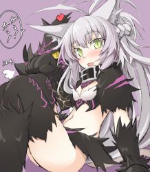 Rule 34 | 1girl, agrius metamorphosis, ahoge, animal ears, atalanta (fate), atalanta alter (fate), black thighhighs, blush, braid, breasts, cat ears, collar, commentary request, fang, fate/grand order, fate (series), from side, green eyes, hair between eyes, long hair, looking at viewer, multicolored hair, nahu, navel, silver hair, sitting, small breasts, solo, tail, thighhighs, translation request, very long hair