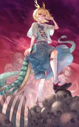 Rule 34 | animal ears, blonde hair, blue shirt, blue skirt, bone, commission, dragon girl, dragon horns, dragon tail, fog, full body, gradient background, green scales, highres, horns, kicchou yachie, long tail, looking at viewer, multicolored background, multiple girls, otter girl, otter spirit (touhou), red eyes, shirt, short hair, short sleeves, skeb commission, skirt, skull, socks, standing, stepped on, tail, touhou, wankosoba (wanwan soba), white socks