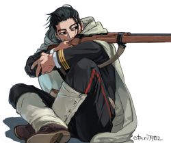 Rule 34 | 1boy, aiming, arisaka, artist name, black eyes, black hair, bolt action, brown footwear, cape, commentary request, scar on face, gaiters, golden kamuy, gun, hair slicked back, holding, holding gun, holding weapon, hood, hood down, hooded cape, indesign, long sleeves, looking away, looking to the side, male focus, manly, military, military uniform, ogata hyakunosuke, pants, rifle, scar, scar on cheek, scar on face, shadow, simple background, sitting, sniper, solo, uniform, weapon, white background
