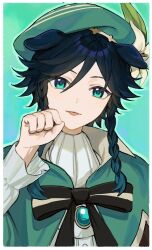 Rule 34 | 1boy, 42u16, androgynous, animal ears, beret, black hair, blue hair, bow, braid, cape, flower, genshin impact, gradient hair, green eyes, green hat, hair between eyes, hat, kemonomimi mode, long sleeves, looking at viewer, male focus, multicolored hair, paw pose, shirt, simple background, solo, tongue, twin braids, venti (genshin impact), white flower, white shirt