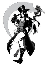 Rule 34 | 1other, androgynous, ascot, asymmetrical sleeves, bare shoulders, bird, boots, collar, crow, fingerless gloves, full body, gloves, guilty gear, guilty gear strive, hat, hat ornament, holding, holding scythe, long hair, mich gdarkroom, monochrome, other focus, scythe, skull, skull hat ornament, standing, standing on one leg, studded collar, testament (guilty gear), top hat, white ascot
