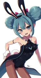 1girl alternate_costume animal_ear_hairband animal_ears aqua_eyes aqua_hair aqua_trim arched_back armlet armpits back_bow bicute_bunnies_miku bicute_bunnies_miku_(kuroboshi) black_armlet black_leotard black_necktie bow braid breasts bun_with_braided_base chinese_zodiac chromatic_aberration coattails commentary covered_navel cowboy_shot dot_nose double-parted_bangs double_bun fake_animal_ears fishnet_pantyhose fishnets frisk_kunn groin hair_bow hair_bun hairband halterneck hand_on_own_hip hatsune_miku head_tilt jewelry leotard light_blush light_smile looking_at_viewer medium_breasts necktie open_mouth pantyhose pink_bow playboy_bunny rabbit_brooch rabbit_ears rabbit_tail ringed_eyes shiny_clothes short_eyebrows signature simple_background solo standing tail teeth tongue two-sided_fabric upper_teeth_only v-shaped_eyebrows vocaloid white_background white_wrist_cuffs wind wing_collar wrist_cuffs year_of_the_rabbit