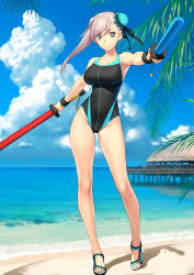 Rule 34 | 1girl, absurdres, asymmetrical hair, bare shoulders, black one-piece swimsuit, black ribbon, blue eyes, blue one-piece swimsuit, blue sky, blush, breasts, bun cover, cleavage, closed mouth, clothes pull, collarbone, competition swimsuit, covered navel, cowboy shot, day, fate/grand order, fate (series), hair bun, hair ribbon, highleg, highleg swimsuit, highres, large breasts, long hair, looking at viewer, miyamoto musashi (fate), miyamoto musashi (fate/grand order), miyamoto musashi (swimsuit berserker) (fate), ocean, official art, one-piece swimsuit, outdoors, pink hair, ribbon, sideboob, single hair bun, sky, smile, solo, sparkle, standing, swept bangs, swimsuit, thighs, toy sword, two-tone swimsuit, white background, wristband