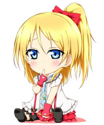 Rule 34 | 10s, 1girl, ayase eli, black footwear, blue eyes, blush, bokura wa ima no naka de, bow, chibi, clothing cutout, earrings, finger to mouth, fingerless gloves, frills, gloves, hair bow, heart, heart cutout, jewelry, karamoneeze, love live!, love live! school idol project, multicolored clothes, multicolored skirt, necktie, ponytail, red bow, shoes, sitting, skirt, solo, tears, tie clip, white background