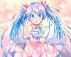 Rule 34 | 1girl, blue eyes, blue hair, cherry, dress, food, food on face, fruit, hair ribbon, hatsune miku, long hair, magenta (atyana), matching hair/eyes, open mouth, ribbon, solo, twintails, vocaloid