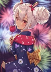 Rule 34 | 1girl, animal ears, azur lane, bag, blush, candy apple, commentary request, double bun, evening, fake animal ears, fireworks, food, from behind, hair between eyes, hair bun, hair ribbon, highres, holding, holding bag, holding food, izumo neru, japanese clothes, kimono, kinchaku, laffey (azur lane), laffey (snow rabbit and candy apple) (azur lane), licking, long sleeves, looking at viewer, looking back, obi, pouch, rabbit ears, red eyes, ribbon, sash, short hair, sidelocks, silver hair, solo, tongue, tongue out, wide sleeves, yukata