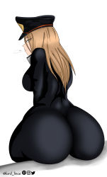 Rule 34 | 1girl, absurdres, artist name, ass, black bodysuit, bodysuit, boku no hero academia, breasts, brown eyes, brown hair, curvy, hat, highres, huge ass, large breasts, long hair, looking at viewer, looking up, lord lince, sitting, solo, thick thighs, thighs, utsushimi kemii, white background, wide hips