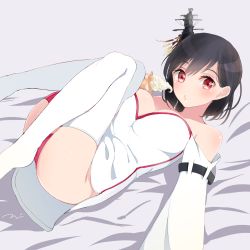 Rule 34 | 10s, 1girl, artist name, ass, bare shoulders, bed sheet, black hair, body blush, breasts, cleavage, collarbone, detached sleeves, eyelashes, food, grey background, headgear, highres, holding, holding food, ice cream, ice cream cone, kantai collection, legs up, long sleeves, lying, medium breasts, on back, panties, red eyes, red panties, short hair, signature, simple background, solo, tebi (tbd11), thighhighs, underwear, white panties, white thighhighs, wide sleeves, yamashiro (kancolle)