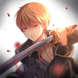 Rule 34 | 1boy, artist name, black jacket, blonde hair, gintama, highres, holding, holding sword, holding weapon, jacket, katana, la campanella, long sleeves, looking at viewer, male focus, okita sougo, open clothes, open jacket, parted lips, red eyes, solo, sword, weapon, white neckwear