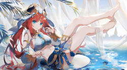 Rule 34 | 1girl, :o, absurdres, bare legs, barefoot, blue eyes, blue gemstone, blue nails, blue skirt, breasts, brooch, clothing cutout, commentary request, crop top, curtains, feet up, forehead jewel, full body, gem, genshin impact, gold trim, harem outfit, highres, horns, jewelry, leaf, leaning back, long hair, long sleeves, looking at viewer, low twintails, medium breasts, nail polish, navel, nilou (genshin impact), parted bangs, parted lips, puffy long sleeves, puffy sleeves, red hair, see-through, sitting, skirt, solo, stomach, swkl:d, thighlet, toes, twintails, vambraces, veil, vision (genshin impact), water, white headdress