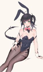 Rule 34 | 1girl, animal ears, au ra, black hair, black leotard, blue eyes, bow, bowtie, breasts, brown pantyhose, center opening, collar, covered navel, dot nose, dragon horns, dragon tail, eyebrows hidden by hair, fake animal ears, feet out of frame, final fantasy, final fantasy xiv, green eyes, hand on own hip, heterochromia, highres, horns, leotard, long bangs, looking at viewer, medium breasts, pantyhose, playboy bunny, rabbit ears, red bow, red bowtie, side ponytail, signature, simple background, solo, tail, triangle mouth, warrior of light (ff14), white collar, yuuki (nakano0731)