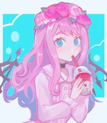 Rule 34 | 1girl, 3ch , atarashi coco, black wings, blue eyes, bubble tea, buttons, choker, collared dress, dress, drink, drinking, drinking straw, drinking straw in mouth, female focus, flower wreath, highres, holding, holding drink, long dress, looking at viewer, pink dress, pink hair, see-through, see-through sleeves, shin subarashiki kono sekai, solo, spiked wings, subarashiki kono sekai, upper body, wings