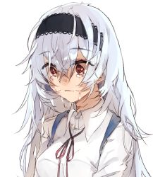 Rule 34 | 1girl, black hairband, collared shirt, crying, crying with eyes open, girls&#039; frontline, hairband, ki lllorz, messy hair, portrait, red eyes, ribbon, sad, scar, scar on neck, shirt, silver hair, solo, tears, thunder (girls&#039; frontline), white shirt