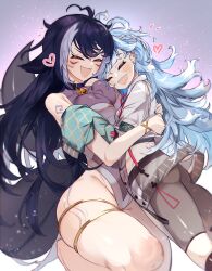 Rule 34 | 2girls, absurdres, ahoge, animal ears, arm tattoo, ass, bare hips, bare shoulders, bell, belt collar, black hair, blue collar, blue hair, blurry, body markings, braid, breast pillow, breasts, cameltoe, cetacean tail, chest tattoo, cleavage, closed eyes, collar, cropped hoodie, crossover, curvy, depth of field, ear piercing, facial mark, facial tattoo, fins, fish tail, hair between eyes, head on chest, heart, heart ahoge, highleg, highleg swimsuit, highres, hololive, hololive indonesia, hood, hoodie, hug, impossible clothes, indie virtual youtuber, jacket, kenji17, kobo kanaeru, kobo kanaeru (1st costume), large breasts, leg tattoo, liquid hair, long hair, multicolored hair, multiple girls, neck bell, open mouth, orca girl, piercing, raincoat, see-through, see-through cleavage, see-through jacket, see-through swimsuit, shylily, shylily (3rd costume), simple background, skindentation, smile, streaked hair, swept bangs, swimsuit, tail, tattoo, thigh strap, virtual youtuber, whale girl, white hoodie, wide hips