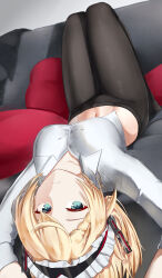 Rule 34 | 1girl, absurdres, black pantyhose, blonde hair, blue eyes, breasts, collared shirt, expressionless, g36 (girls&#039; frontline), girls&#039; frontline, highres, jagerskiy, looking at viewer, lying, maid headdress, medium breasts, navel, pantyhose, pillow, shirt, solo, white shirt