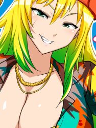 Rule 34 | 1girl, blonde hair, blue background, breasts, facial scar, green eyes, green hair, grin, hat, looking at viewer, okyou, red hat, scar, scar on cheek, scar on face, smile, upper body