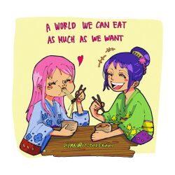 2girls blue_kimono blush_stickers child eating food green_kimono happy itstheenami japanese_clothes jewelry_bonney kimono kurozumi_tama multiple_girls noodles one_piece open_mouth pink_hair purple_hair smile