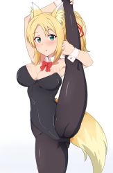Rule 34 | 1girl, animal ears, bare shoulders, black bodysuit, black pantyhose, blonde hair, blush, bodysuit, bow, bowtie, breasts, cleavage, commentary request, copyright request, detached collar, dog days, fox ears, fox tail, green eyes, highres, large breasts, leg up, leotard, long hair, looking at viewer, nontraditional playboy bunny, pantyhose, playboy bunny, ponytail, red ribbon, ribbon, seihekiog, simple background, solo, split, standing, standing on one leg, tail, white background, wrist cuffs, yukikaze panettone