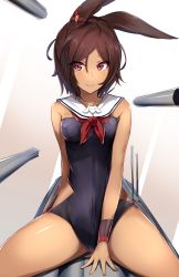 Rule 34 | 1girl, absurdres, animal ears, azur lane, bare shoulders, breasts, brown hair, collarbone, detached collar, highres, hip vent, i-26 (azur lane), looking at viewer, nanakaku, one-piece swimsuit, parted bangs, rabbit ears, red eyes, sailor collar, short hair, sitting, small breasts, smile, solo, spread legs, swimsuit, torpedo