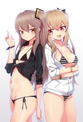 Rule 34 | 2girls, :3, :d, alternate costume, bikini, bikini under clothes, black bikini, black ribbon, black shirt, blush, breasts, brown hair, cleavage, closed mouth, collared shirt, cowboy shot, fang, flat chest, front-tie top, girls&#039; frontline, gradient background, highres, jacket, long hair, long sleeves, looking at viewer, medium breasts, multiple girls, narynn, navel, one side up, open clothes, open jacket, open mouth, partially unzipped, pink eyes, ribbon, scar, scar across eye, scar on face, shirt, side-tie bikini bottom, smile, stomach, strap gap, string bikini, striped bikini, striped clothes, swimsuit, tied shirt, twitter username, ump45 (girls&#039; frontline), ump9 (girls&#039; frontline), underboob, white background, white jacket, wing collar, wrist ribbon, wristband, yellow eyes, zipper pull tab