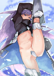 Rule 34 | 1girl, armored boots, axe kick, black coat, blue eyes, boots, c-string, coat, crotch plate, fate/extra, fate/extra ccc, fate (series), from below, high kick, highres, kicking, kneepits, long hair, looking at viewer, maebari, meltryllis (fate), muchi maro, purple hair, revealing clothes, solo, strapless bottom, very long hair