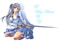 Rule 34 | 1girl, blue eyes, character name, copyright name, dress, fi-san, full body, hair ornament, highres, holding, holding sword, holding weapon, kneeling, long hair, ponytail, rapier, rwby, smile, solo, sword, transparent background, weapon, weiss schnee, white hair