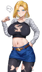 Rule 34 | &gt; &lt;, 1girl, absurdres, android 18, belt, black pantyhose, blonde hair, blue eyes, blush, breasts, celyn404, closed mouth, denim, denim skirt, dragon ball, dragonball z, highres, impossible clothes, impossible shirt, large breasts, looking at viewer, midriff, navel, no bra, pantyhose, raglan sleeves, shirt, simple background, skirt, solo, speech bubble, sweat, torn clothes, torn pantyhose, torn shirt, white background