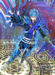Rule 34 | 1boy, aoi itsuki, armor, armored boots, belt, blue eyes, blue hair, boots, cape, company name, fire emblem, fire emblem cipher, holding, holding sword, holding weapon, looking at viewer, magic, nintendo, open mouth, shiki karuta, sword, tiara, tokyo mirage sessions fe, weapon