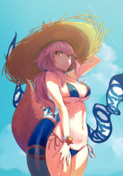Rule 34 | 1girl, animal ear fluff, animal ears, bikini, blue bikini, blue sky, breasts, cleavage, commentary, commentary request, ears through headwear, ev (dai00888), fate/grand order, fate (series), fox ears, fox girl, fox tail, groin, hat, highres, innertube, large breasts, looking at viewer, looking down, navel, outdoors, pink hair, side-tie bikini bottom, sky, solo, straw hat, sweat, swim ring, swimsuit, tail, tamamo (fate), tamamo no mae (fate/extra), tamamo no mae (swimsuit lancer) (fate), underboob