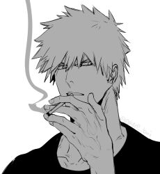 Rule 34 | 1boy, asure (asure twi), bleach, cigarette, greyscale, highres, holding, holding cigarette, kurosaki ichigo, looking at viewer, male focus, monochrome, parted lips, short hair, smoking, solo, spiked hair, upper body