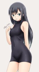 Rule 34 | 10s, 1girl, aqua eyes, asashio (kancolle), bare shoulders, black hair, blue eyes, blush, bodysuit, breasts, covered navel, detached sleeves, fuuma nagi, kantai collection, long hair, looking at viewer, open mouth, simple background, small breasts, solo, standing, sweatdrop, twitter username, unitard, wavy mouth