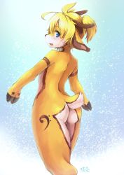 Rule 34 | 1boy, ass, bad id, bad twitter id, bass clef, blonde hair, blue eyes, blush, from behind, furrification, furry, furry male, highres, kagamine len, looking back, male focus, nude, open mouth, ponytail, shiitakemeshi, short hair, solo, testicle peek, testicles, trap, vocaloid