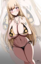 Rule 34 | 1girl, :t, astraea (atelierastraea), bikini, black bikini, black choker, blonde hair, blush, bracelet, breasts, choker, cleavage, closed mouth, commentary request, floral print, gem, hands on own chest, hands up, highres, jewelry, kitagawa marin, large breasts, long hair, looking at viewer, navel, necklace, o-ring, o-ring bikini, paid reward available, pout, print bikini, red eyes, side-tie bikini bottom, signature, solo, sono bisque doll wa koi wo suru, standing, stomach, swimsuit, tareme, thighs, very long hair, zoom layer