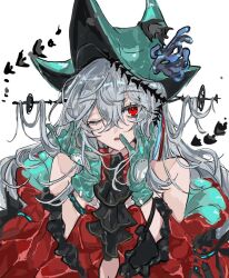 Rule 34 | 1girl, aqua gloves, aqua hat, arknights, ascot, black ascot, detached sleeves, dress, expressionless, gloves, grey hair, hair between eyes, hand on own face, hat, infection monitor (arknights), long hair, looking at viewer, n4jikai, one eye closed, open mouth, red dress, red eyes, simple background, skadi (arknights), skadi the corrupting heart (arknights), solo, upper body, white background