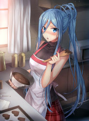 Rule 34 | 10s, 1girl, aoki hagane no arpeggio, apron, baking sheet, blue eyes, blue hair, bowl, breasts, candy, chocolate, chocolate heart, chocolate making, food, hair between eyes, heart, highres, indoors, kitchen, long hair, looking at viewer, luzi, matching hair/eyes, microwave, mixing bowl, mole, mole under mouth, open mouth, plaid, plaid skirt, ponytail, ribbed sweater, skirt, sleeveless, sleeveless turtleneck, solo, spatula, sweater, takao (aoki hagane no arpeggio), tsundere, turtleneck, valentine, very long hair