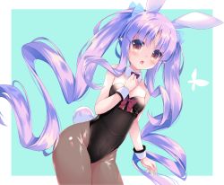 Rule 34 | 1girl, animal ears, bare shoulders, black leotard, blue background, border, breasts, clip studio paint (medium), commentary request, detached collar, fake animal ears, fake tail, hair between eyes, highres, kyoka (princess connect!), leotard, long hair, looking at viewer, nanamomo rio, orange eyes, pantyhose, photoshop (medium), playboy bunny, princess connect!, purple hair, rabbit ears, rabbit tail, simple background, small breasts, solo, tail, twintails, wrist cuffs