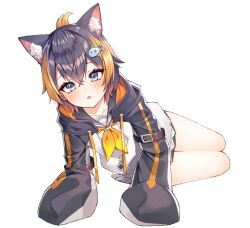 Rule 34 | 1girl, absurdres, animal ear fluff, animal ears, black hair, blonde hair, blue eyes, blush, cat ears, collarbone, extra ears, fish hair ornament, hair between eyes, hair ornament, highres, hood, hoodie, looking at viewer, lying, multicolored hair, nijisanji, nijisanji en, parted lips, petra gurin, petra gurin (1st costume), seion, short hair, simple background, sleeves past fingers, sleeves past wrists, solo, thighs, two-tone hair, virtual youtuber, white background