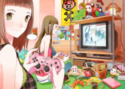 Rule 34 | 2girls, bedroom, blunt bangs, book, brown hair, blowing bubbles, chest of drawers, chewing gum, controller, cup, doll, game console, gamecube, indoors, jewelry, looking at viewer, mario, mario (series), mug, multiple girls, mushroom, naoe marimo, nintendo, original, playing games, playstation 2, ring, rubik&#039;s cube, shelf, sony, super mario bros. 1, super mushroom, television, video game