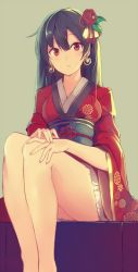 Rule 34 | 1girl, bare legs, black hair, closed mouth, earrings, floral print, flower, hair flower, hair ornament, japanese clothes, jewelry, kimono, leaf, long hair, looking at viewer, nakaichi (ridil), obi, original, red eyes, red flower, red kimono, red rose, rose, sash, short kimono, sitting, solo, wide sleeves